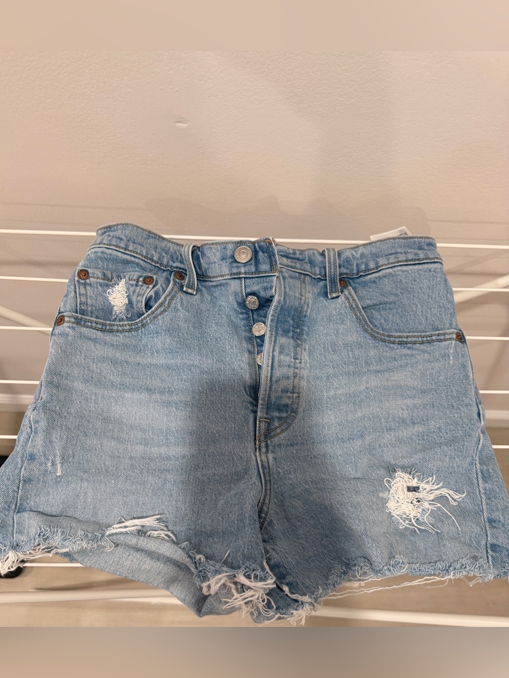 Levi's Light Blue Distressed High-Waist Denim Shorts